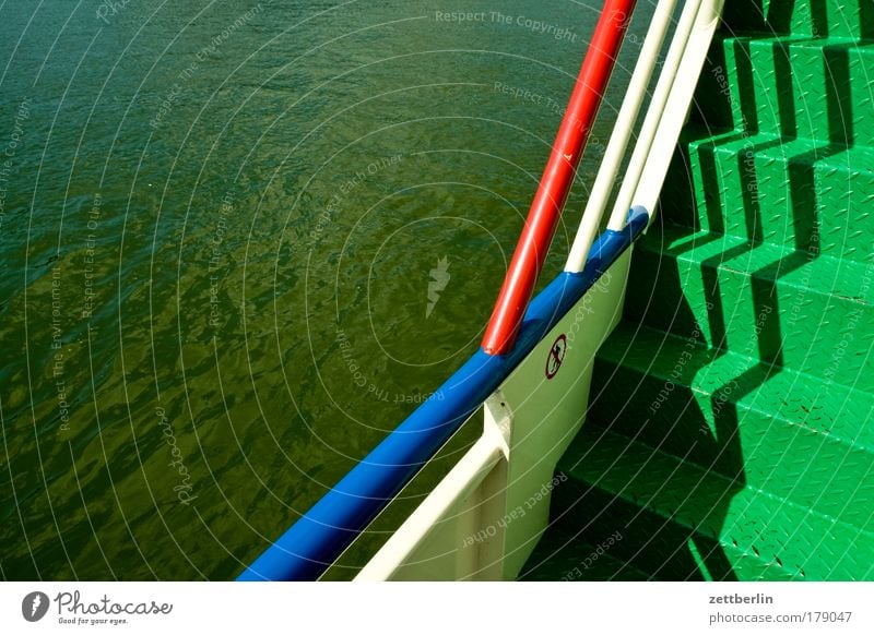 Rhine Watercraft Ferry Deck Stairs Level Career Handrail Banister Bridge railing on board Ship's side River Surface of water Navigation Logistics