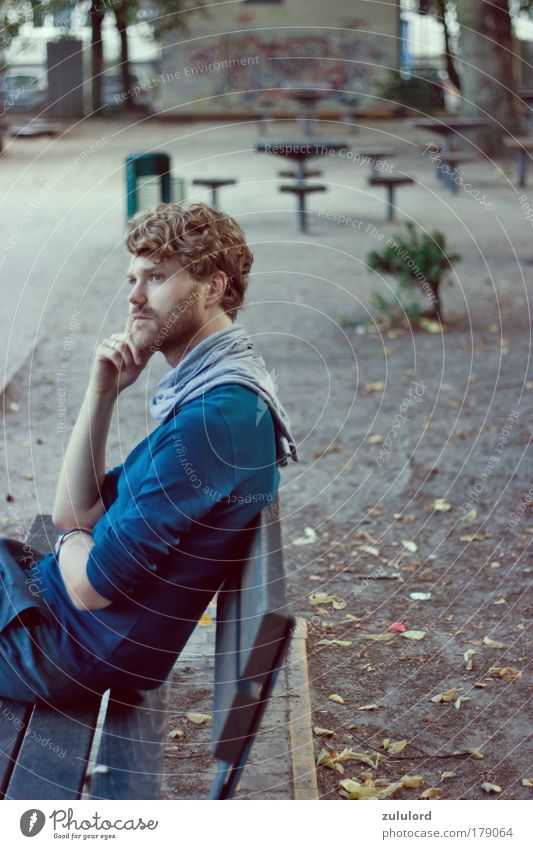 thinking about Colour photo Exterior shot Copy Space right Day Shallow depth of field Portrait photograph Upper body Half-profile Looking away Relaxation