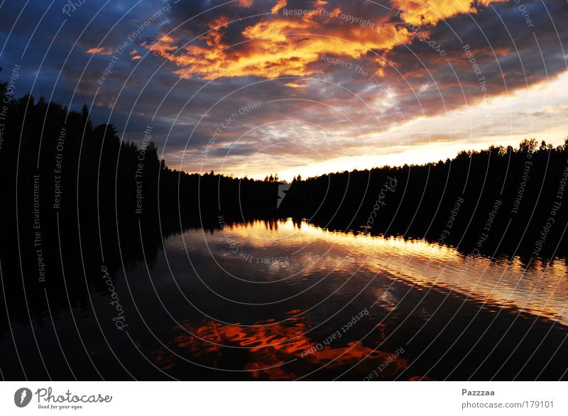 Photo. Finnish. Colour photo Exterior shot Deserted Copy Space bottom Evening Twilight Silhouette Reflection Long shot Happy Harmonious Mirror Nature Landscape