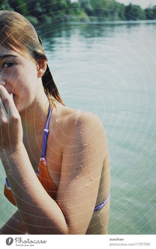 (last) day at the lake Girl Child Young woman Youth (Young adults) Skin Bikini Swimming lake Lake Water Wet Swimming & Bathing Summer Exterior shot Sun