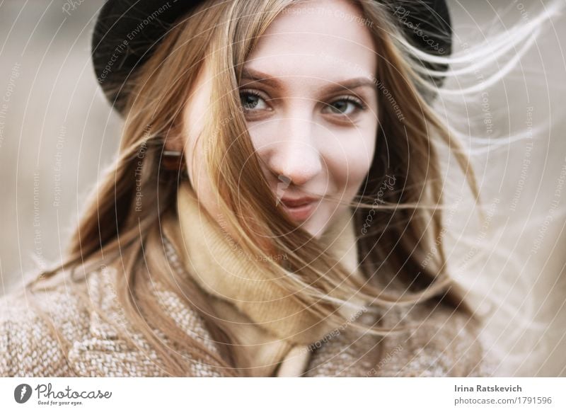 smiley girl in hat Young woman Youth (Young adults) Woman Adults Hair and hairstyles Face 1 Human being 18 - 30 years Wind Fashion Sweater Coat Hat Blonde