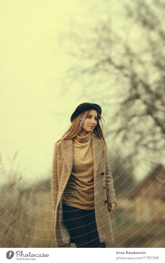 cute girl in hat Young woman Youth (Young adults) Woman Adults Body Hair and hairstyles 1 Human being 18 - 30 years Landscape Fog Tree Grass Village Fashion