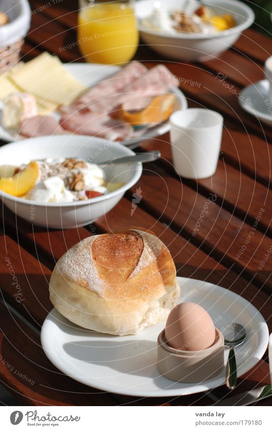 breakfast Colour photo Multicoloured Exterior shot Deserted Shadow Food Meat Sausage Cheese Yoghurt Dairy Products Fruit Orange Grain Dough Baked goods Bread