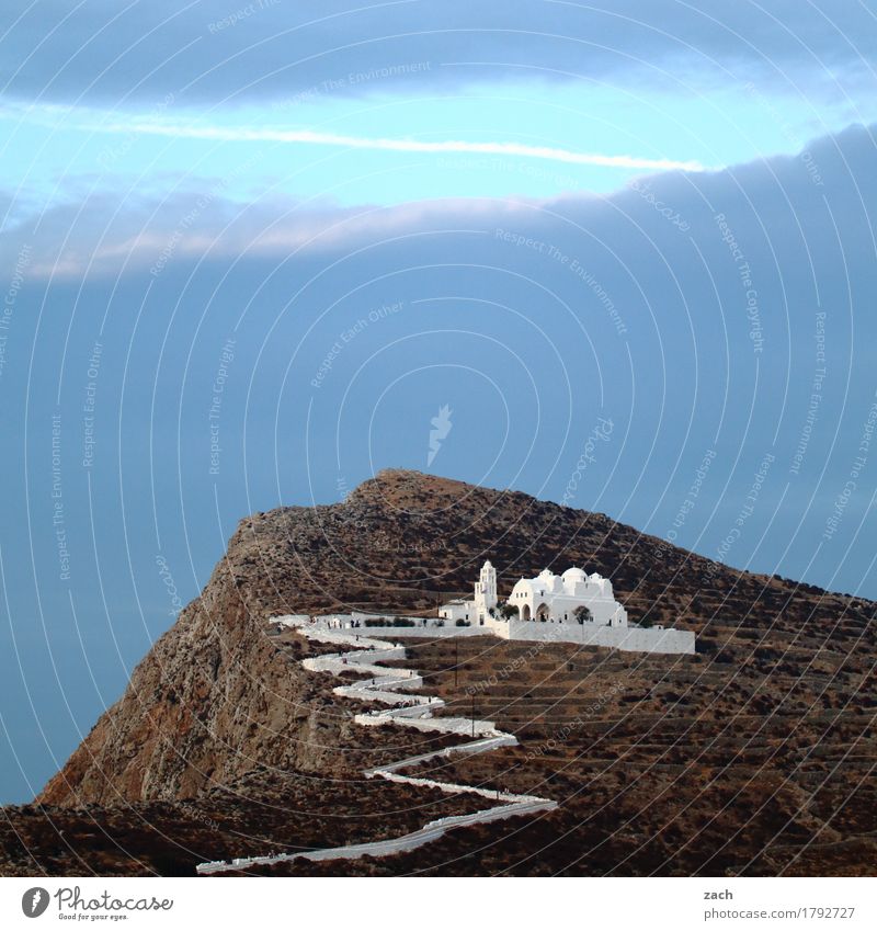 shortly before top Vacation & Travel Tourism Summer Sky Clouds Hill Rock Mountain Ocean Mediterranean sea Aegean Sea Island Cyclades Folegandros Greece Church