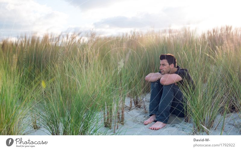 Enjoy peace and distance in the dunes on the coast. Man gap tranquillity To enjoy by oneself Loneliness Health resort windy Wind Sand Sit