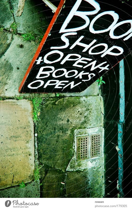 bookshop open! Colour photo Exterior shot Copy Space left Copy Space bottom Day Street Lanes & trails Green Characters Handwriting Advertisement Advertising