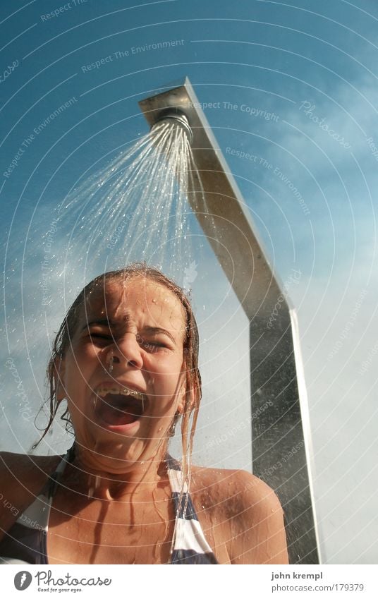 WUUAAAAAHHHH Colour photo Exterior shot Joy Open-air swimming pool Swimming pool Shower (Installation) Feminine Young woman Youth (Young adults) Infancy Face 1