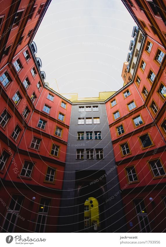 afterwards backyard Architecture Downtown Berlin Town house (City: Block of flats) Facade Backyard Exceptional Tall Modern Red Agreed Style Symmetry