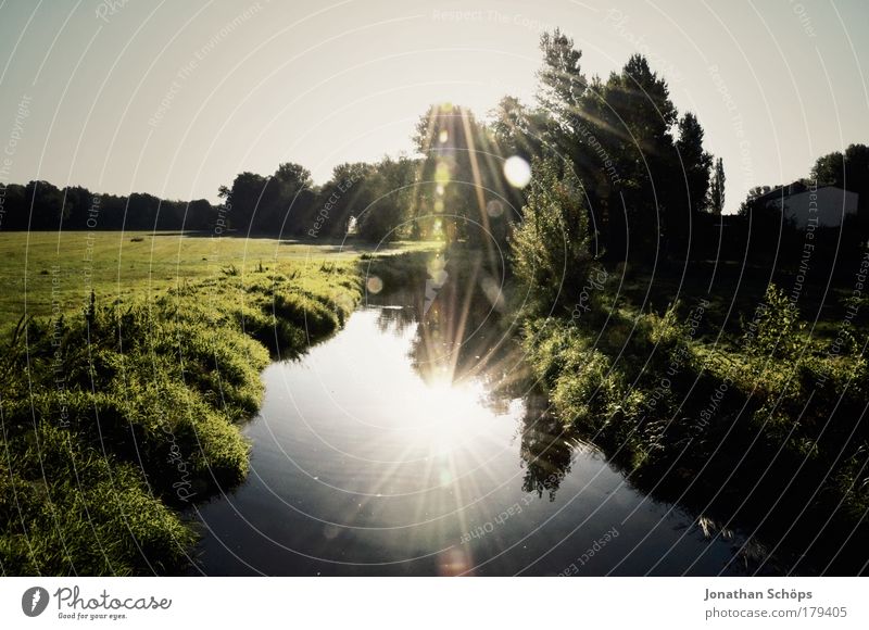 double sun Environment Nature Landscape Water Sun Climate Beautiful weather Meadow River Dream Glittering Blue Green Puzzle Double exposure In pairs Light