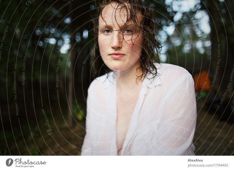 Wet Senses Relaxation Trip Young woman Youth (Young adults) Face Freckles 18 - 30 years Adults Nature Beautiful weather Forest Shirt Red-haired Long-haired Curl