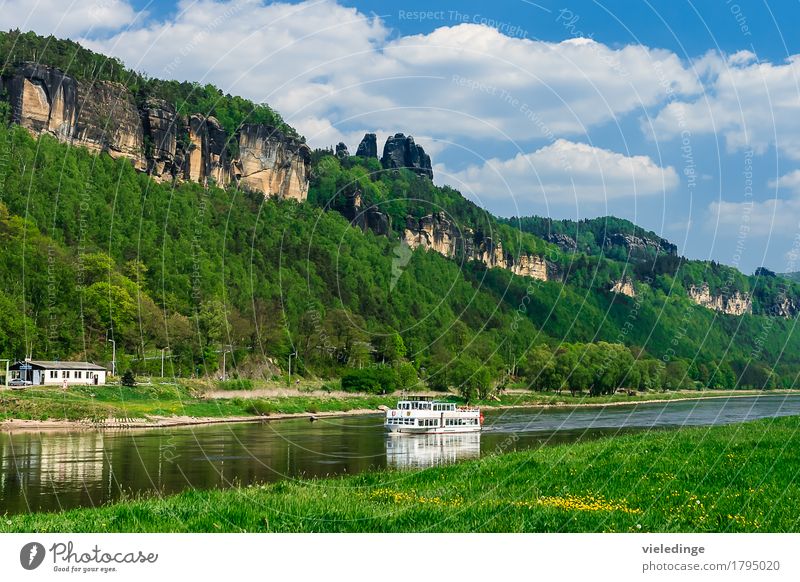 Schrammsteine with Elbe steamer Vacation & Travel Tourism Trip Summer Mountain Nature Landscape Sky Clouds Meadow Rock River Tourist Attraction Passenger ship