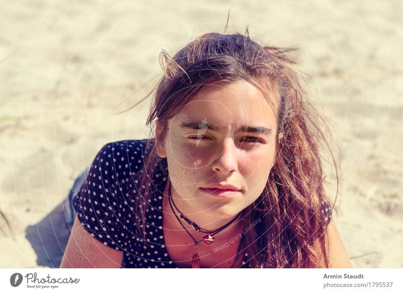 Tired on the beach Lifestyle Joy Beautiful Face Relaxation Calm Vacation & Travel Tourism Summer vacation Beach Human being Feminine Young woman