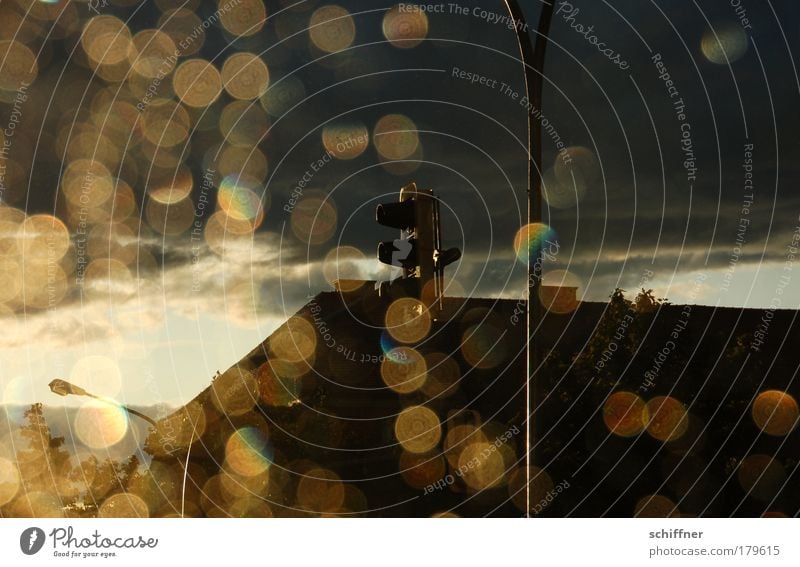 traffic light Evening Twilight Silhouette Reflection Light (Natural Phenomenon) Sunlight Sunbeam Back-light Traffic light Gold Lantern Lamp post Shaft of light