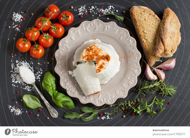 Italian ricotta cheese, homemade bread, vegetables and herbs Food Cheese Vegetable Bread Herbs and spices Nutrition Diet Italian Food Plate Spoon Dark Fresh