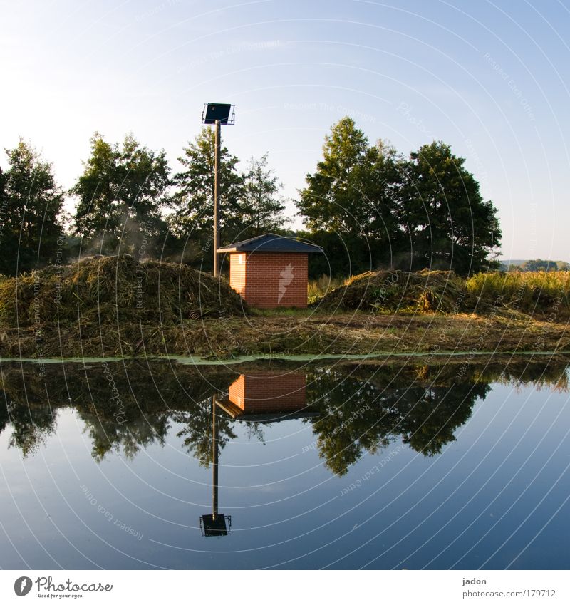 solar power Exterior shot Deserted Morning Reflection Sunlight Landscape Earth Water Field River bank Warmth Warm-heartedness Contentment Idyll Calm Shelter