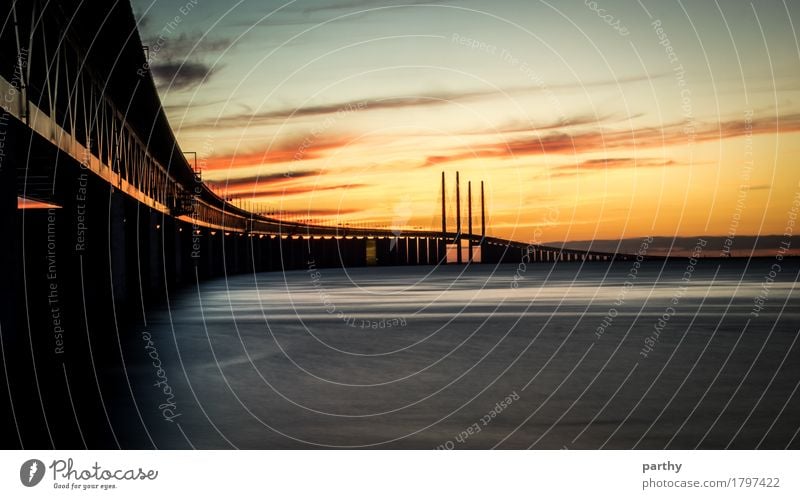 Øresund Bridge Sky Clouds Horizon Sunrise Sunset Coast Baltic Sea Ocean Port City Deserted Motoring Train travel Street Navigation Yellow Orange Red