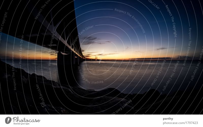 Øresund bridge Sky Clouds Traffic infrastructure Bridge Navigation Rail transport Vacation & Travel Colour photo Subdued colour Exterior shot Twilight Light