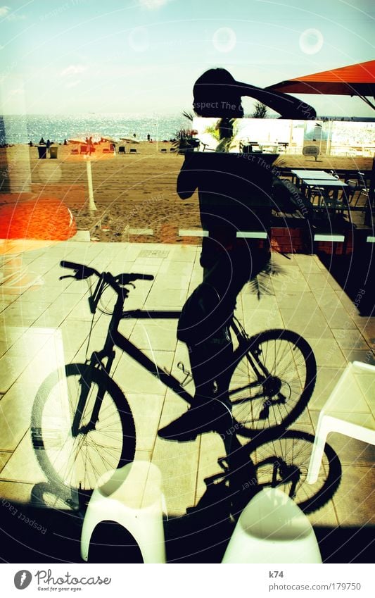 bicycle Colour photo Exterior shot Day Contrast Reflection Restaurant Bar Cocktail bar Beach bar Lounge Bicycle Human being Man Adults 1 Cycling Uniqueness