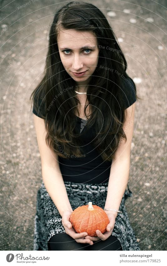 PUMPKIN Colour photo Exterior shot Copy Space left Copy Space right Neutral Background Day Deep depth of field Upper body Front view Looking into the camera