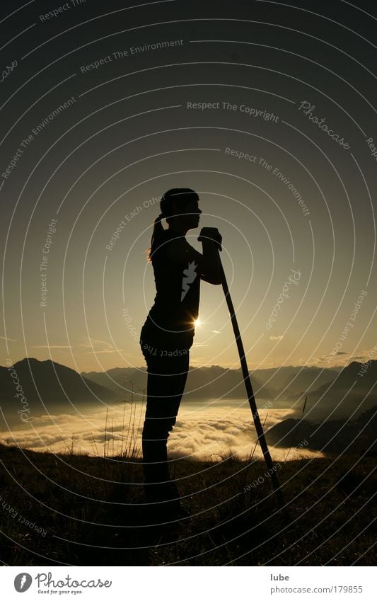 shepherd girl Exterior shot Morning Dawn Silhouette Sunrise Sunset Back-light Full-length Harmonious Tourism Far-off places Mountain Hiking Feminine Young woman