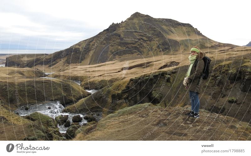 Iceland Hiking Human being Feminine 1 Nature Landscape Autumn Weather Bad weather Moss Hill Rock Mountain Volcano Island River Breathe Observe Looking