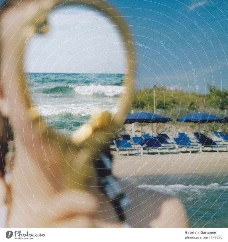 Waves in the head Colour photo Exterior shot Day Reflection Sunlight Blur Central perspective Closed eyes Feminine Skin Head Hand Fingers Air Water Sky Coast