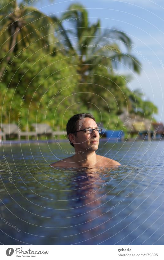 me in the pool Colour photo Exterior shot Copy Space bottom Evening Light Deep depth of field Central perspective Upper body Half-profile Upward Masculine Man