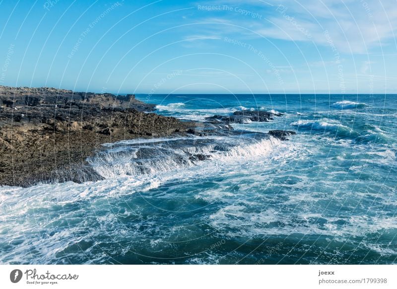 equilibrium Ocean Waves Landscape Water Sky Clouds Beautiful weather Rock Coast Sharp-edged Soft Blue Brown White Wanderlust Movement Contentment Horizon