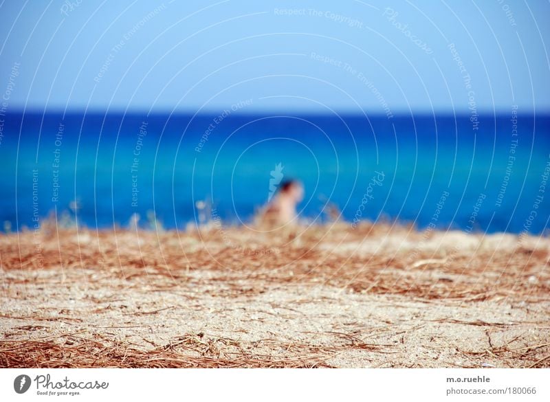 Man by the sea Colour photo Exterior shot Copy Space left Copy Space right Copy Space top Light Sunlight Blur Shallow depth of field Wide angle Going Blue Moody