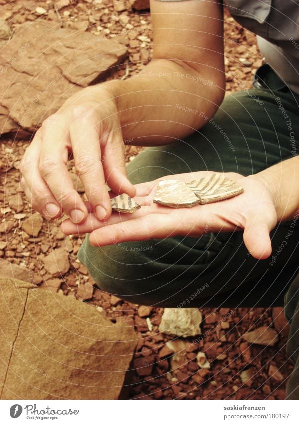 Indian Pottery. Skin Hand Fingers 1 Human being Art Nature Decoration Stone Old Dirty Authentic Historic Arizona Wupatki Shard Archeologist Subdued colour