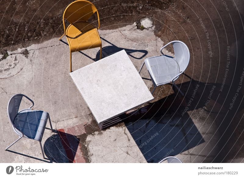 forsake sb./sth. Design Tourism Trip Gastronomy Terrace Concrete Metal Plastic Loneliness Boredom Services Stagnating Café Chair Colour photo Subdued colour