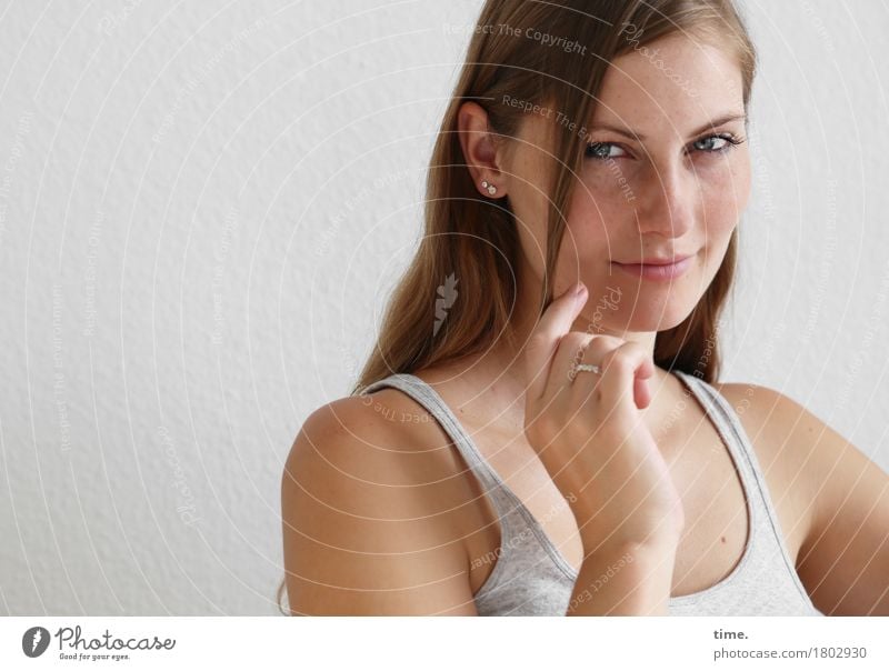 . Feminine 1 Human being T-shirt Jewellery Ring Brunette Long-haired Observe Think To hold on Smiling Looking Friendliness Beautiful Contentment Self-confident