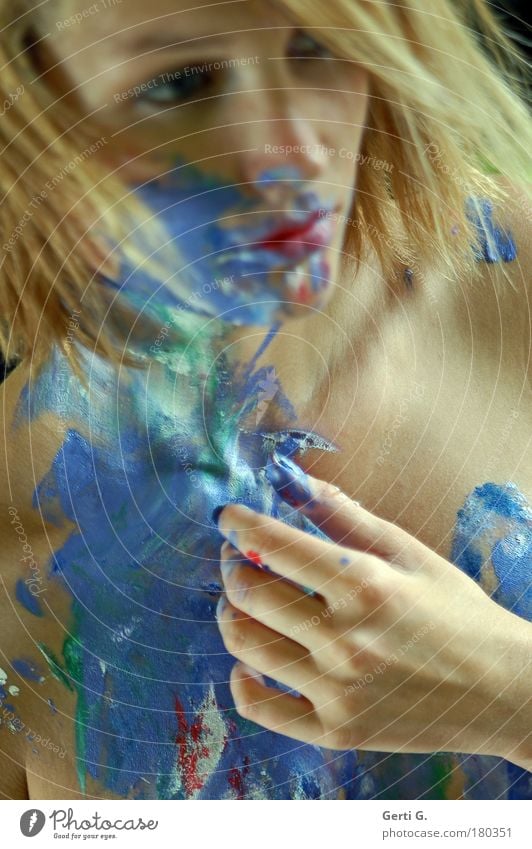 absent-minded Woman Painted Bodypainting Hand Fingers Face Beautiful Think Meditative Distributed Emotions Blonde Skin