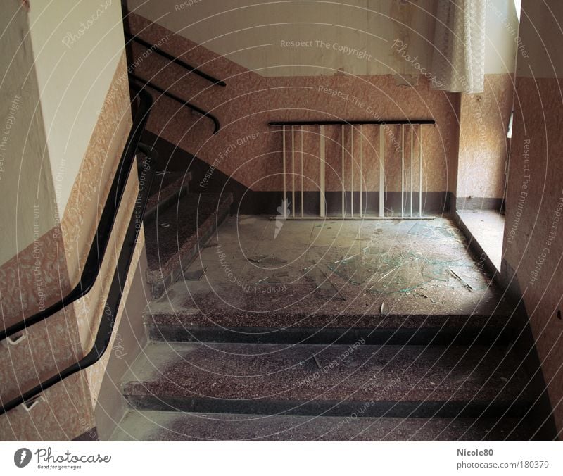 walking on broken glass Colour photo Interior shot Deserted Day Shadow Central perspective Redecorate Wall (barrier) Wall (building) Stairs Wait Old Poverty