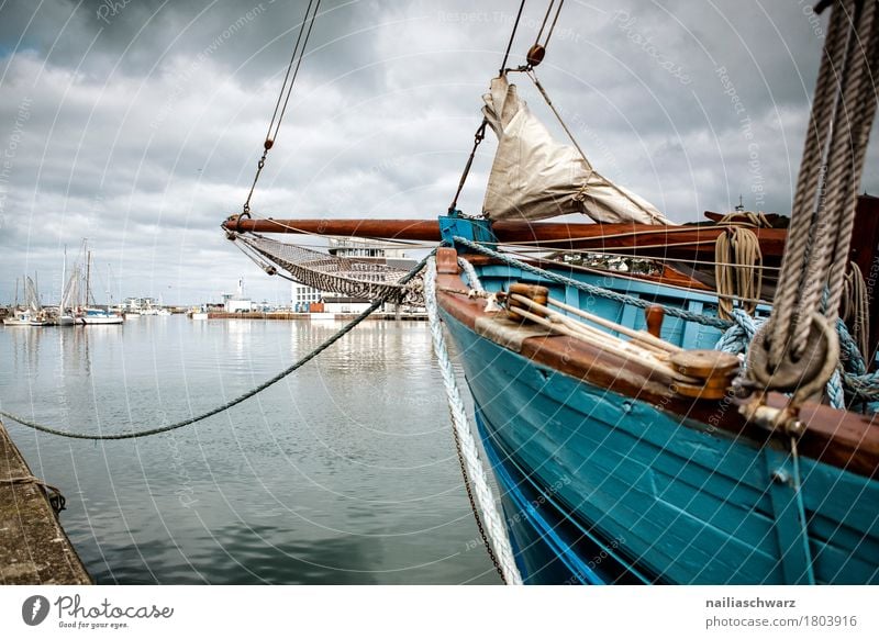 Ship at Port Fecamp Normandy France Logistics Tourism Landscape Bad weather Coast Bay Ocean Atlantic Ocean Fishing village Small Town Deserted Harbour