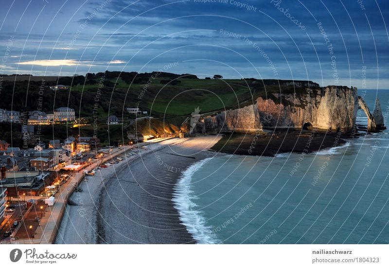 Beach of Etretat Vacation & Travel Landscape Night sky Rock Coast Ocean Atlantic Ocean Cliff France Normandie Small Town Port City Deserted