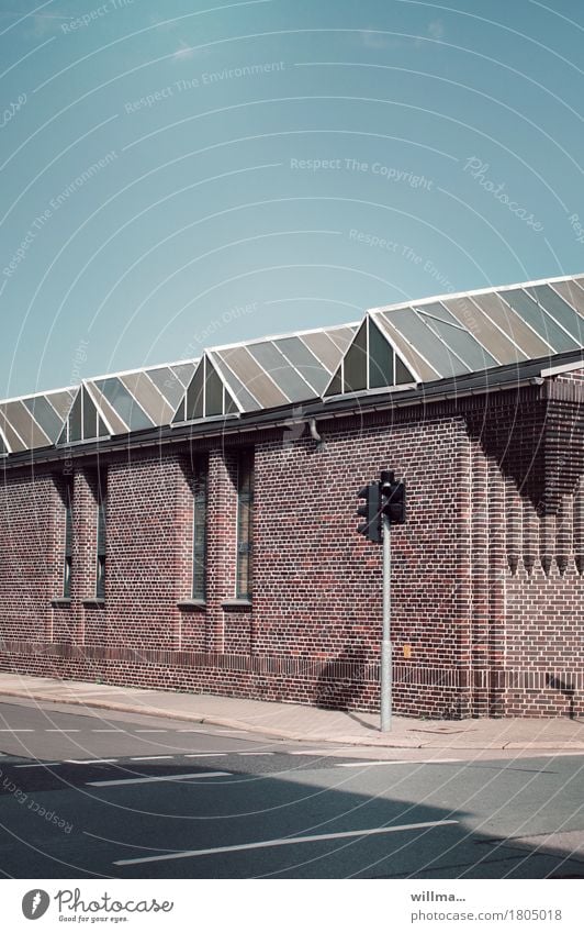 Architecture in brick construction on empty street, garnished with traffic lights Industrial plant Factory Crossroads Traffic light Street Manmade structures