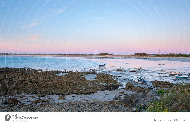 coastal evening in Brittany Beach Ocean Landscape Sand Water Rock Coast Watercraft Stone Peaceful Idyll Sunset Atlantic Ocean Rock formation Pebble Stone block