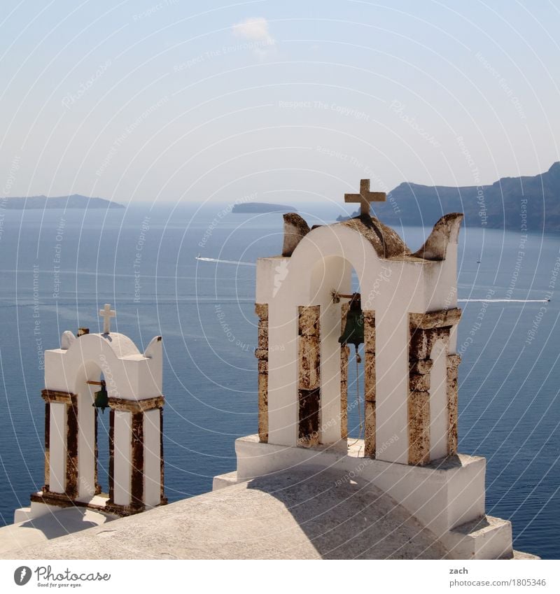 please ring the bell... Vacation & Travel Sky Clouds Beautiful weather Rock Volcano Ocean Mediterranean sea Aegean Sea Island Santorini Greece Cyclades Village