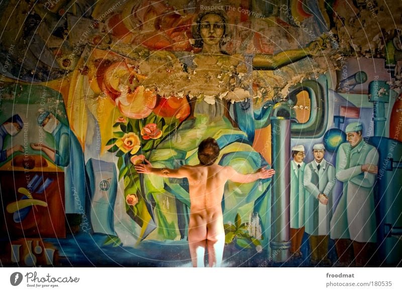 examination room Colour photo Multicoloured Interior shot Pattern Light Wide angle Upper body Rear view Forward Human being Masculine Young man