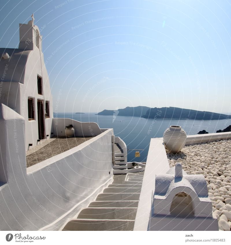 View beyond the rim of the plate Cloudless sky Beautiful weather Hill Coast Ocean Mediterranean sea Aegean Sea Island Cyclades Santorini Thirassia Caldera Oia