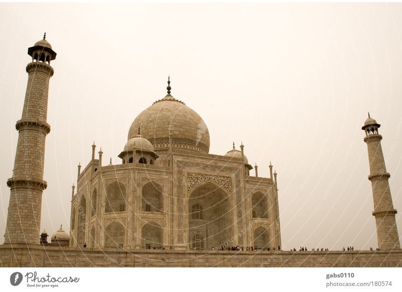 Taj Mahal Colour photo Day Human being Large wonder of the world Agra India Tourist Attraction Vacation & Travel Marble Stone Sky Religion and faith Moslem