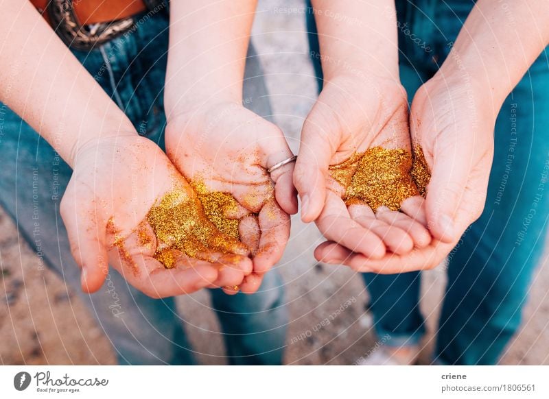 Close up of hands with golden glitter Beautiful Human being Girl Youth (Young adults) Hand Fingers 2 Kitsch Odds and ends Gold Elegant Glitter sparkle shining