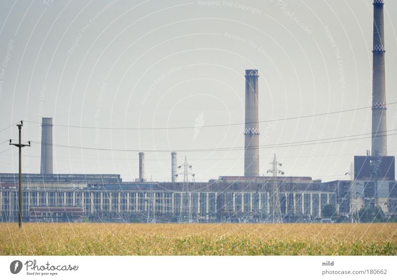 Roadtrip - Industrial Energy I Colour photo Exterior shot Copy Space top Industry Field Fear Derelict Chimney Electricity generating station Gigantic