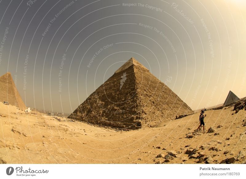 The three great pyramids on the plateau of Gisa (Giza) Subdued colour Exterior shot Day Fisheye Compass (Navigation) Technology Work of art Landscape Earth Sand