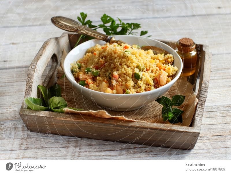 Couscous with shrimps and vegetables Seafood Vegetable Grain Dough Baked goods Lunch Dinner Bowl Brown Yellow Tradition Africa african Algerian Arabia Cooking