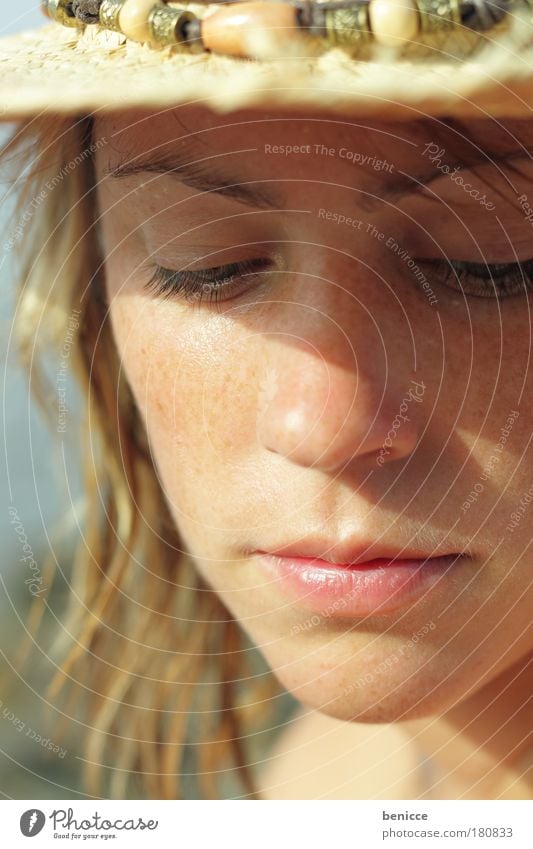 sad Woman Hat Sunhat Sadness Think Meditative Portrait photograph Summer Beach Downward Looking Face Close-up Earnest Vacation & Travel Travel photography