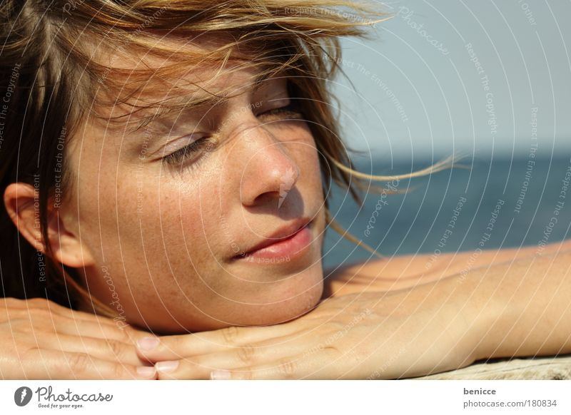 holiday feeling Emotions Joy Relaxation Human being Woman Contentment Eyes Closed Summer Sun Sunbathing To enjoy Vacation & Travel Travel photography Ocean Hand