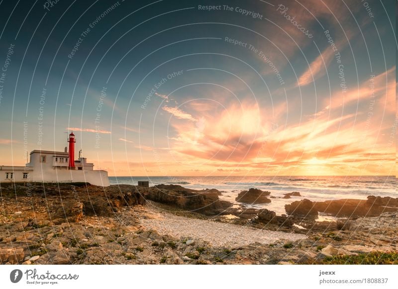 Cabo Raso Landscape Beautiful weather Rock Waves Coast Beach Ocean Portugal Lighthouse Historic Maritime Blue Brown Orange Red White Horizon Safety Colour photo