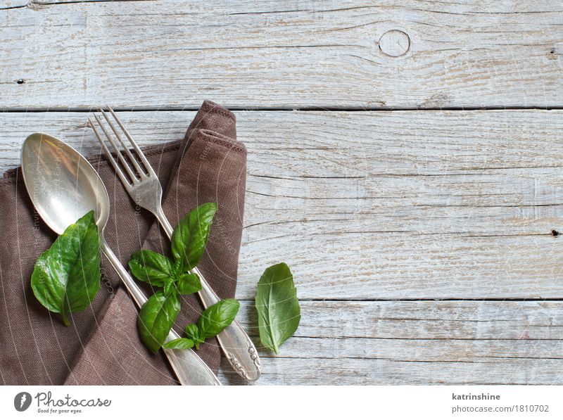 Vintage fork and knife on a napkin Herbs and spices Dinner Cutlery Fork Spoon Design Table Feasts & Celebrations Places Old Dark Bright Retro Brown Green